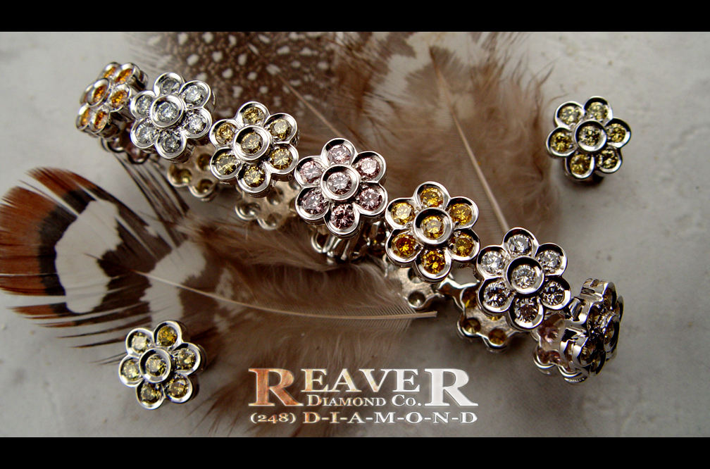 Ladies 18k White Gold Round Multi-Colored Diamond 'Flower' Wide Bracelet